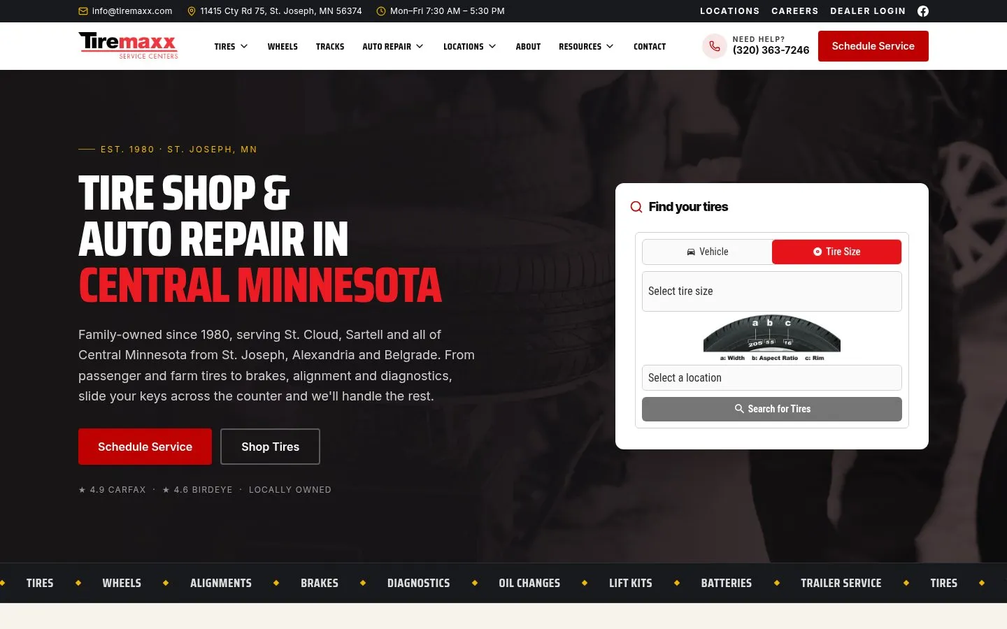 Home page of the Tiremaxx Service Centers website